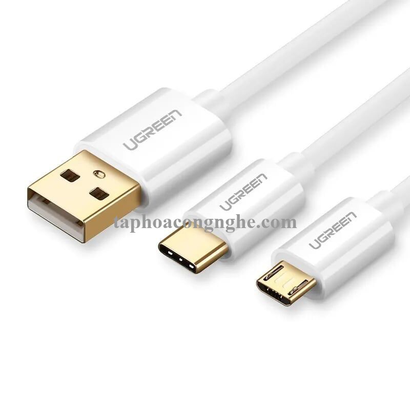 Ugreen 30575 0.5M màu Trắng Cáp USB-A sang Micro USB + USB-C cao cấp US197 30030575